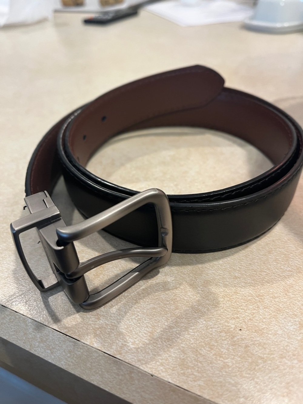 Men's Black Leather Belt with Brushed Metal Buckle